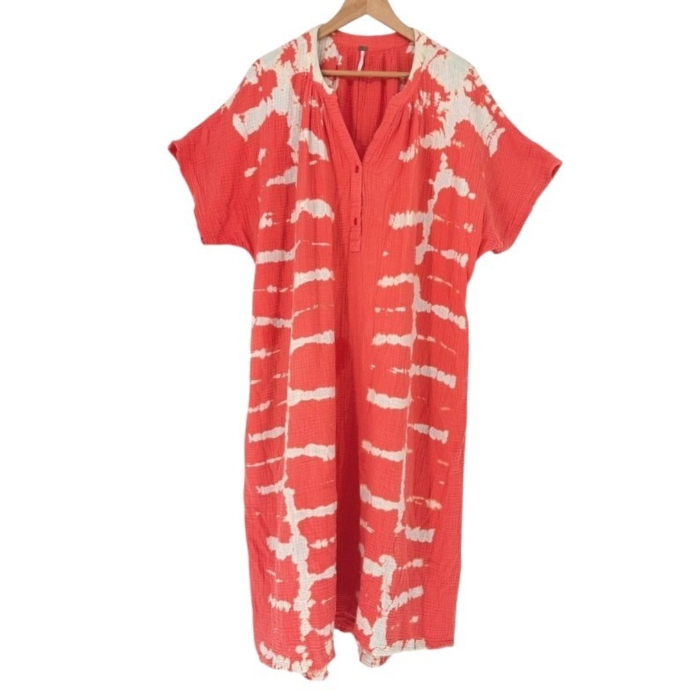 YB&F Tie Dye Cotton Gauze Maxi Dress Coral Red White M/L Natural Fiber Oversized